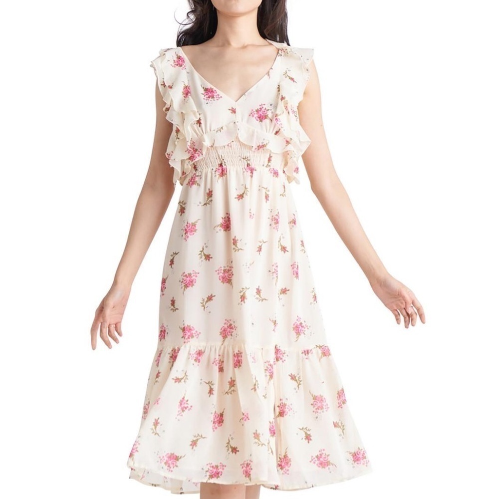 Black Tape midi floral feminine chiffon flowy dress size XS pink roses stars